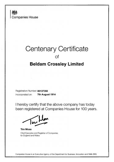 Centenary Certificate for Beldam Crossley